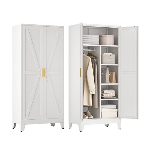 XIOMIOHTRQ Metal Wardrobe Closet Hanging Rod 71" Tall, Heavy Duty Steel Armoire Wardrobe Cabinet, Clothing Storage Cabinet for Bedroom, Office, Laundry Room, 4 Shelves, White