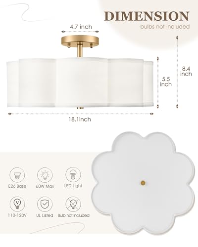Image of Gold Semi Flush Mount Ceiling Lights, 4-Light 18 inch Ceiling Light Fixtures with Fabric Shade in Flower Shape, Farmhouse Brass Drum Lighting for Nursery Bedroom Kitchen, AD-22009-4SF-GD