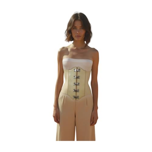 Women Fashion Corset Wide Belt - Faux Leather Silver Buckles S M Champagne3