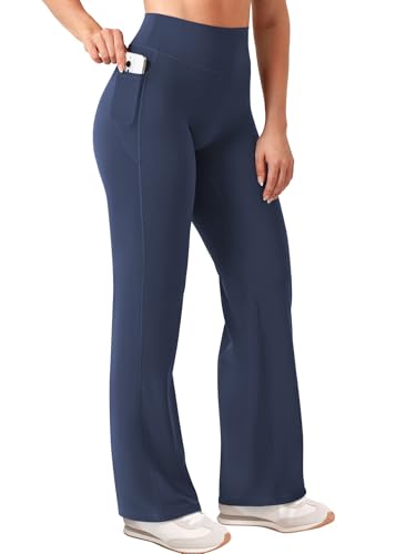 Image of YEOREO Ease Workout Leggings with Pockets for Women No Front Seam Straight Leggings High Waist Wide Leg Yoga Pants 29 inch / 31.5 inch