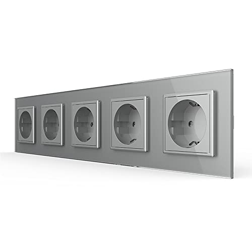Luxus-Time Steckdose Mehrfachsteckdose 5-fach Stecker Wandsteckdose für UP inkl. Glasrahmen aus Sicherheitsglas in Grau
