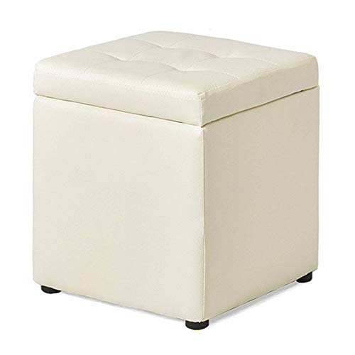 TTJJ Massivholz Sitzhocker mit Stauraum, Wasserdicht Platzsparend SitzWürfel Fußbank PU Leder Aufbewahrungsbox Schuhbank Passend für Schlafzimmer Wohnzimmer Flur-Weiß-40x40x40cm(16x16x16Zoll) Cover