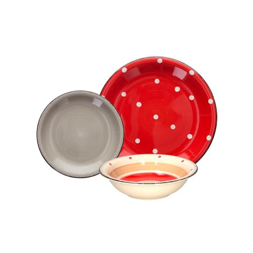 Servicio de mesa de 18 piezas con platos de diferentes tamaños – Juego de 18 piezas con platos llanos y hondos con decoración de lunares, de cerámica, blanco y rojo
