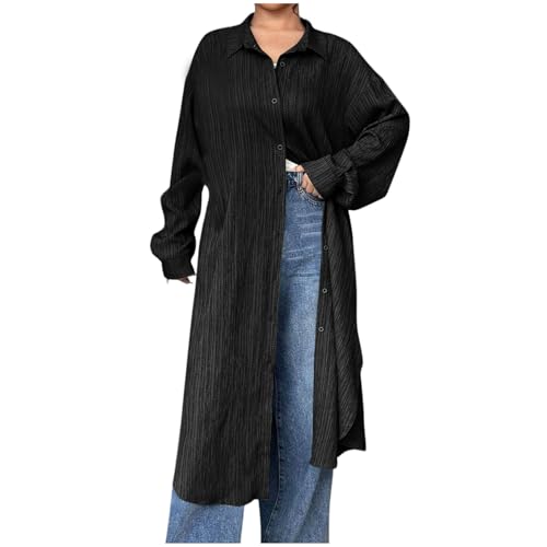 Women's Open Front Maxi Long Textured Cardigan Casual Loose Long Sleeve Button Collared Shirts Dressy Blouse Cover Up