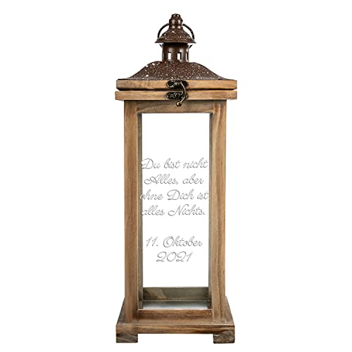 Personalisierte Landhaus Laterne | XL Holzlaterne 42 cm groß | Wunschtext auf Allen 4 Seiten möglich | Geschenkidee für Männer Frauen und Paare zum Geburtstag | Gartendeko Gartenlaterne