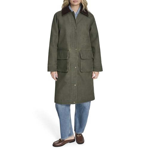 Levi's Women's Wax Look Long Barn Coat with Plaid Lining, Dark Olive, Medium