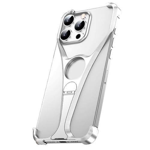 RQAMRCU Funda para iPhone 16 Pro Max/16 Pro/16, ultrafina, sin marco, cubierta de metal con soporte, disipación del calor, carcasa de personalidad resistente a los golpes (plateada, 16 Pro)