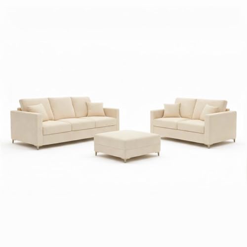 Image of Hayes Rich Velvet Suede 3 Seater + 2 Seater Sofa Set with Ottoman | Golden Aesthetic Legs | 6 Person Seating Capacity | Spacious Soft Touch Comfort | Modern Living Room Sofa - Cream