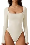 QINSEN Bodysuit Tops for Women Square Neck Long Sleeve Double Lined T-shirt Beige M