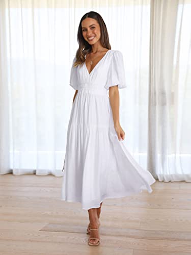 Image of Women's Summer Deep V Neck Puff Short Sleeve Tiered Maxi Dress Flowy A Line Long Dresses
