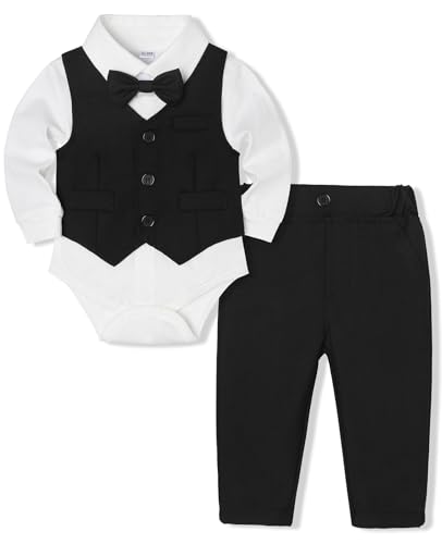 Juivesia Baby Boy Suit Set Infant Tuxedo Formal Outfit Shirt Vest Pants Bow Tie Wedding Baptism Birthday Party (Black 3-6 Months)