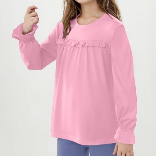 Girls Long Sleeve Shirts Cute Crew Neck Babydoll Flowy Blouses Solid Color Lightweight Fall Winter Tshirts School3