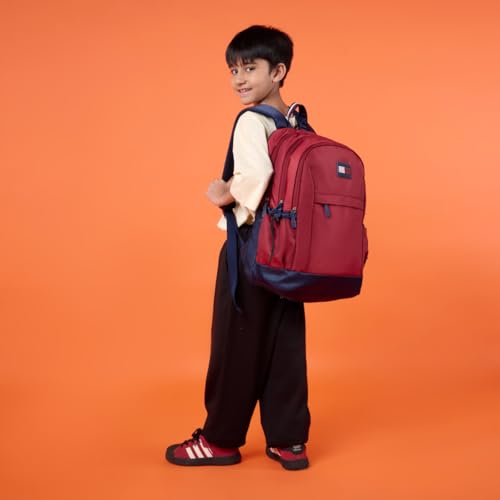Image of Tommy Hilfiger Professional School Backpack Stud - Burgundy+Navy | Durable Water-Resistant Bag for Teens with Signature Metal Logo | 3 Compartments | Integrated Rain Cover | 30L Capacity