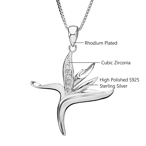 925 Sterling Silver Hawaiian Bird of Paradise Tropical Plant Cubic Zirconia Koa Wood Necklace Pendant with 18" Box Chain, Nickle Free Hypoallergenic for Sensitive Skin, Gift Box Included4