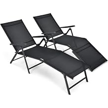 Multigot Folding Sun Lounger Set of 2, 5-Positions Adjustable Reclining Chaise Lounge Chair with 2-Level Footrest & Armrests, Steel Frame Outdoor Sunbed Deck Chair for Poolside Beach Camping Black