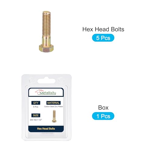 Image of METALLIXITY Hex Bolts (3 /8-16x1-1 /2 inch) 5Pcs, Carbon Steel Zinc Plated, Coarse Thread UNC Hex Head Screw Bolt - for Furniture Repair, Yellow