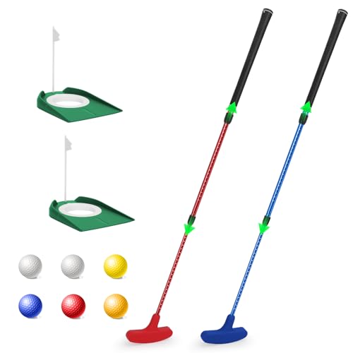 Multioutools Golf Putters For Men And Women, 2 Pack Adjustable Golf Club Sets With 6 Balls &Amp; 2 Flag Cups, Two-Way Mini Putter Training Clubs For Children, Teenagers, Adults - Blue &Amp; Red