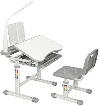 Gowxil Kids Functional Desk and Chair Set, Height Adjustable Children School Study Desk with Tilt Desktop, Bookstand, LED Light, Metal Hook and Storage Drawer for Boys Girls