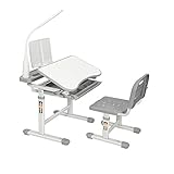 WXBOBO Kids Functional Desk and Chair Set, Height Adjustable Children School Study Desk with Tilt Desktop, Bookstand, LED Light, Metal Hook and Storage Drawer for Boys Girls (Gray)