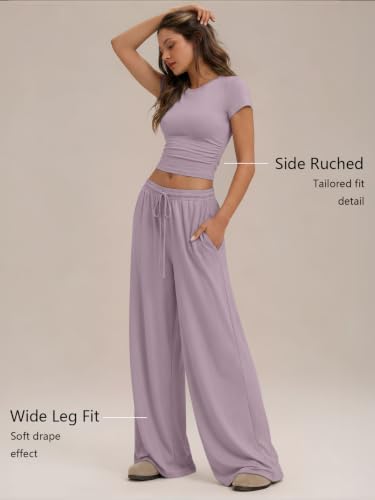 Image of Trendy Queen 2 Piece Matching Summer Lounge Set Womens Side Ruching Top Wide Leg Pants Sets with Pockets