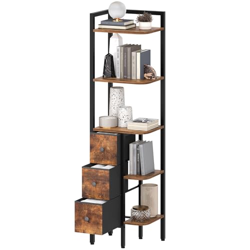 YATINEY Corner Shelf Stand, 5-Tier Corner Bookshelf with 3 Drawers, Industrial Display Shelf for Narrow Spaces, Wooden Small Bookcase, Easy Assembly, Rustic Brown and Black CJ10BR