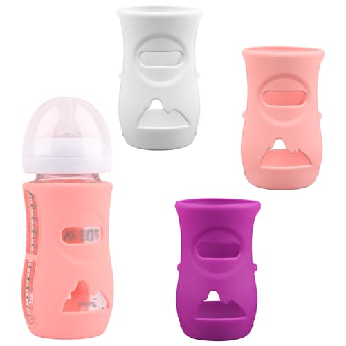 Image of 3 Pack Silicone Sleeves for Avent Natural Glass Baby Bottles, Anti Breakage Baby Bottle Holder, Compatible Philips Avent Glass Natural Baby Bottle 8 oz, BPA Free (White+Pink+Purple)