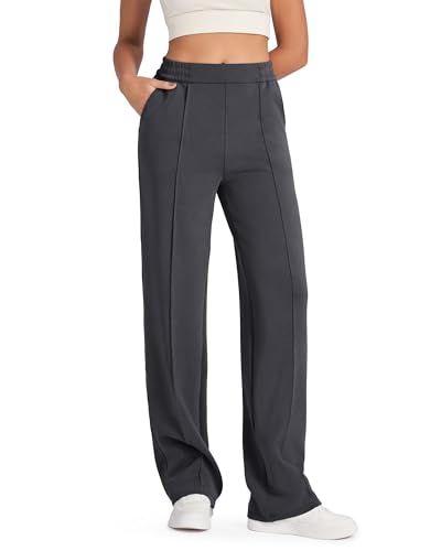G4Free Straight Leg Casual Relaxed Fit Pants Stretchy Comfy High Waist Sweatpants with Pockets Winter Wide Leg Pajama Bottoms(Dark Grey,M,Short)