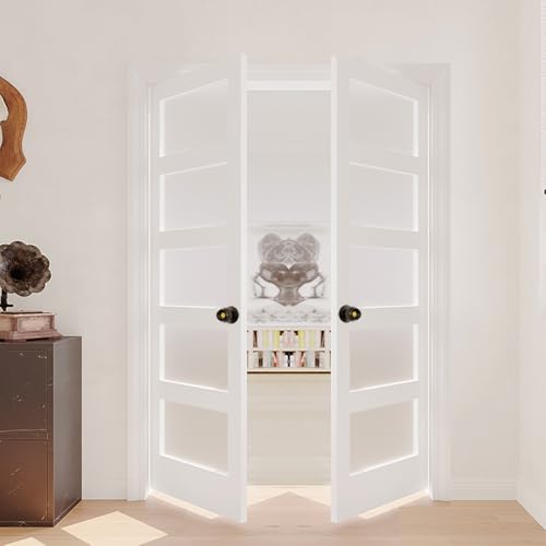 Image of 32 inchx 80 inch Frosted Glass French Door Slab, White 5 Lite Pantry Door with Black Knobs & Lock, Pre-Drilled, Easy to Assemble Interior Doors for Bathroom, Bedroom, Laundry