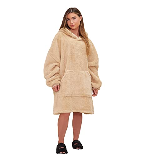 Brentfords Teddy Fleece Oversized Hoodie Blanket Wearable Soft Warm Cosy Giant Thermal Throw Blanket Hoodie for Women Men Teens, One Size, Beige - Adults