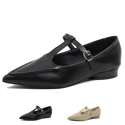 Women's Pointed Toe T-Strap Mary Jane Flats Shoes,Adjustable Buckle Hand Stitching Comfortable Flat Chunky Heel Dress Shoes