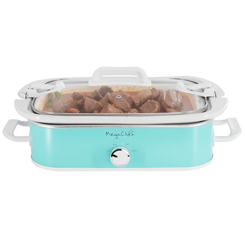 MegaChef 3.5 Quart Rectangle Casserole Slow Cooker with 3 Temperature Settings Carry Handles and Locking Tempered Glass Lid (Turquoise)