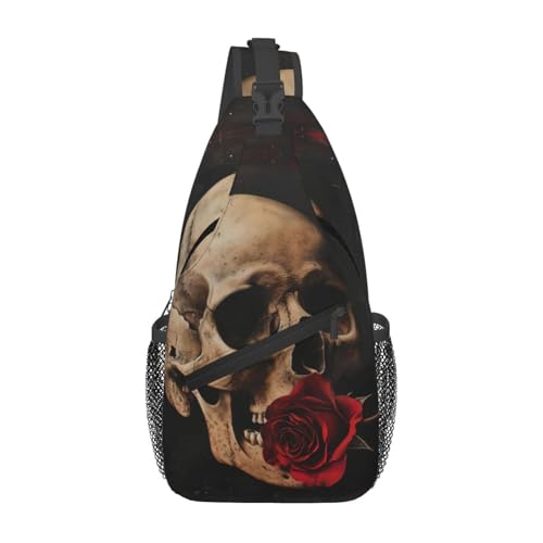 Bolso Cruzado Calavera Y Rosa Roja Casual Unisex
