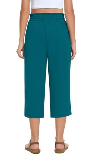 Womens Capri Pants Summer Wide Leg High Waisted Pants Drawstring Casual Trousers with Pockets (Blue Green, S)3
