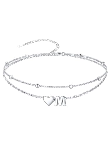 Image of SILVERCUTE Silver Anklets for Women, Waterproof Initial Heart Ankle Bracelets Sterling Silver, Adjustable Layered Foot Jewelry Summer Beach Fashion with Personalized Name Design, Gift Package