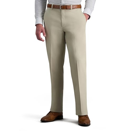 Image of Haggar mens Premium No Iron Khaki Classic Fit Expandable Waist Flat Front Pant, Sand, 36x30