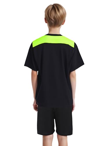 easyforever Boys Quick-dry 2-piece Football Outfit Color Block Sports Top With Shorts For Soccer Basketball Running Fluorescent Yellow 16 Years2