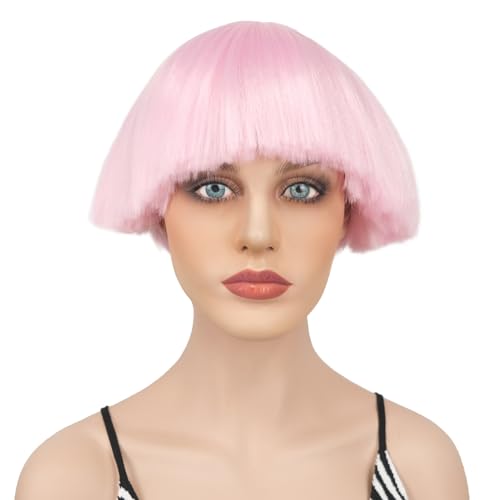 Wiginway Party Wigs Fluffy Straight Bob Wig Pink Mushroom Synthetic Cosplay Women Hair (Pink)