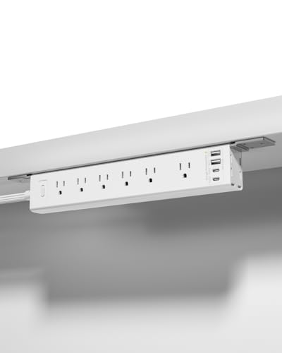 360 Mountable Surge Protector Power Strip with 4 USB Ports (2 USB C) 6 FT Electrical Outlet & Flat Plug Extension Cord for Under Desk Wall or Corner Mount (White)
