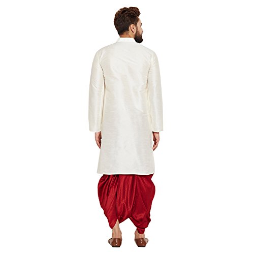 Image of SOJANYA (Since 1958 Men's Off-White and Gold Dupion Silk Dhoti Kurta Set