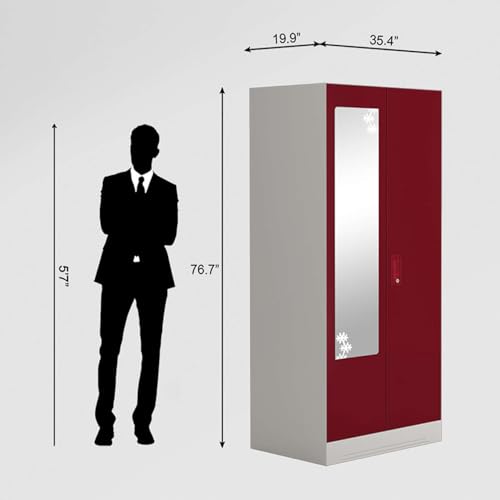Image of Interio by Godrej Almirah Slimline 2-Door Steel Almirah, Cupboard for Clothes (Textured Caremine Red), 1-Year Warranty, 4 Shelves, 1 Drawer, 1 Locker, Star Design Mirror
