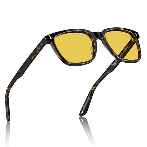 CARFIA Retro Night Vision Glasses for Men - Acetate Square Night Driving Glasses, Reduces Headlight Glare & Enhances Clarity