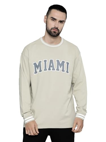 Image of Maniac Mens Miami Printed Round Neck Beige Fullsleeve Cotton Oversized T-Shirt