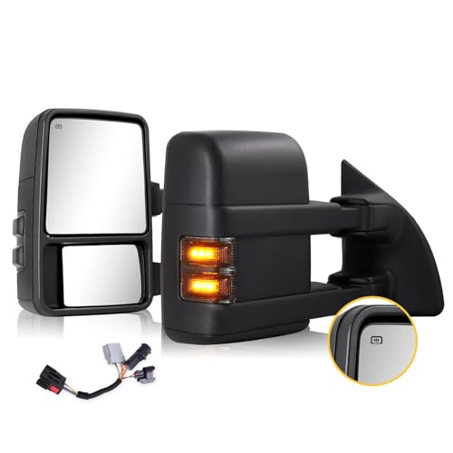 Towing Mirrors for 1999-2016 Ford F250 F350 F450 F550 Super Duty 2000-2005 Ford Excursion with Power Glass Heated Turn Signal Running Light Pair Set with Adapter No Temperature Sensor Smoke
