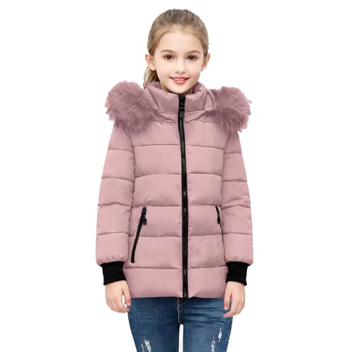 KODMNSW Winterjacke Mädchen Steppjacke Warme Daunenjacken mit Fellkapuze (Abnehmbar) Winterparka Flauschig Puffer Jacke Leichte Kinderjacke Outdoor Mantel Wintermantel Kinder Parka Rosa 140