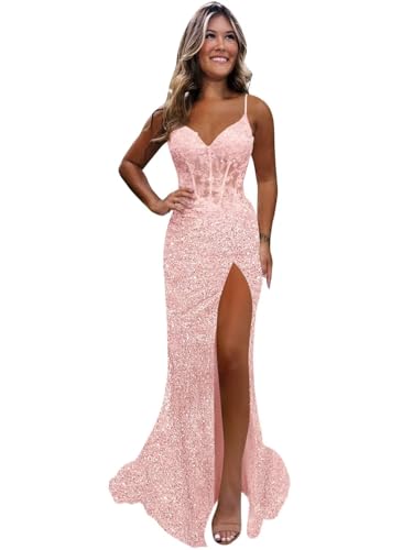 Monvelli Women's Appliques Prom Dresses 2026 Blush Pink Long Sparkly Sequin Bodycon Corset High...