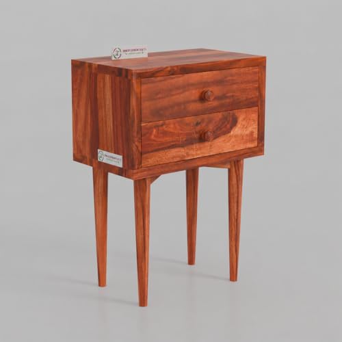 Image of Jangid Handicraft Solid Sheesham Wood Bedside Table for Bedroom | Wooden Bed Side Nightstand End Table with 2 Drawer Storage for Home & Living Room | Sofa Side Table | Rosewood, Honey Finish