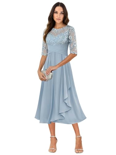 Tea Length Mother of The Bride Dresses for Bride 2025 Lace Chiffon Wedding Guest Formal Dress YH36