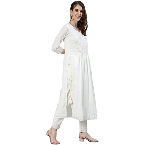Image of Ishin Women's Pure Cotton Straight Embroidered Zari Floral Print Off White Kurta Suit Set with Trouser