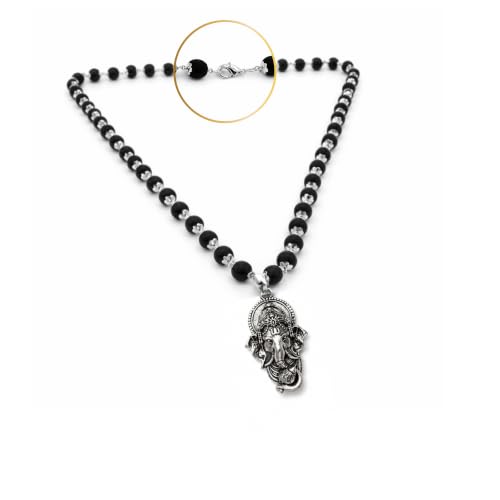 Image of Karungali Malai 8mm Certified with Vakratunda Ganesha Pendant Silver Plated | 54 Beads Authentic Black Ebony Wood Mala with German Silver Cap | Spiritual Protection Chain for Men & Women