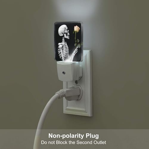 Image of Hippie Skull Skeleton Night Light Set of 2, Pink Rose Auto Sensor LED Dusk-to-Dawn Nightlights, Plug-in Sensor Lamp for Bedroom Bathroom Kitchen Hallway Stairs Decorative